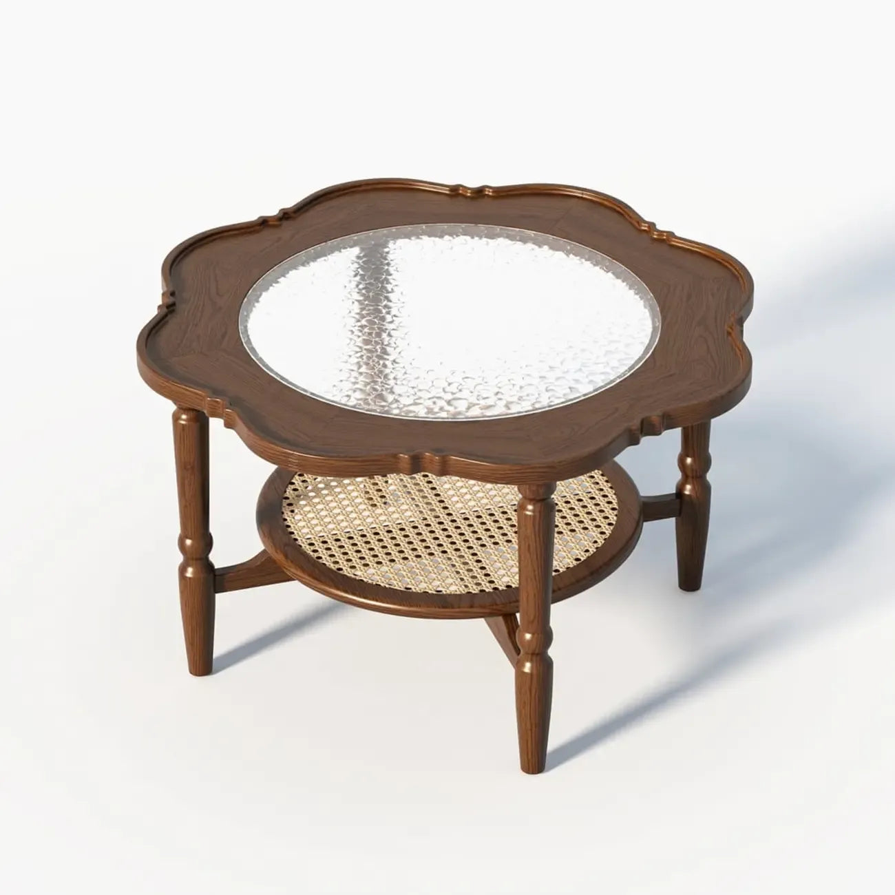 Classic 2-Layer Walnut Finish Wood Coffee Table in Glass Top