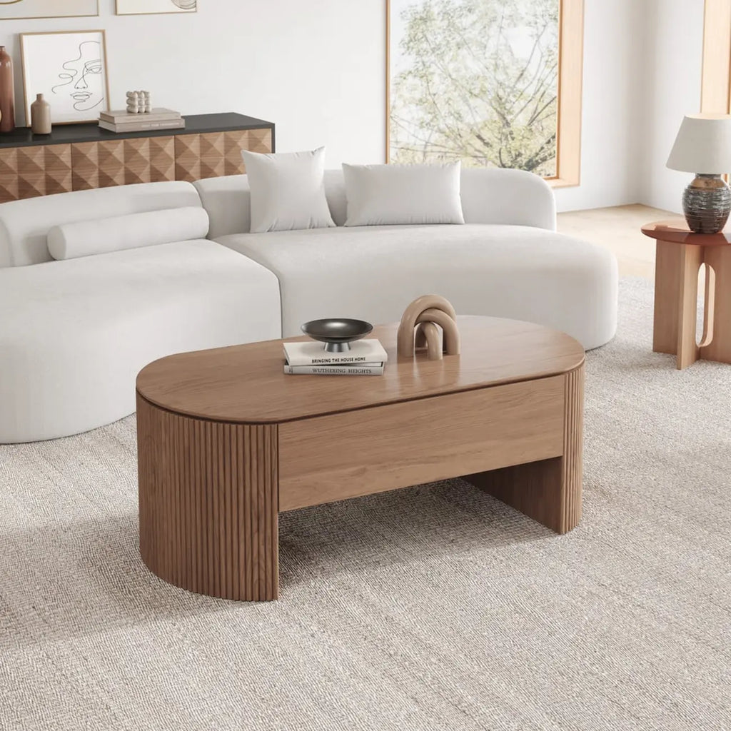 Mid-Century Modern Oval Wooden Lift-Top Coffee Table