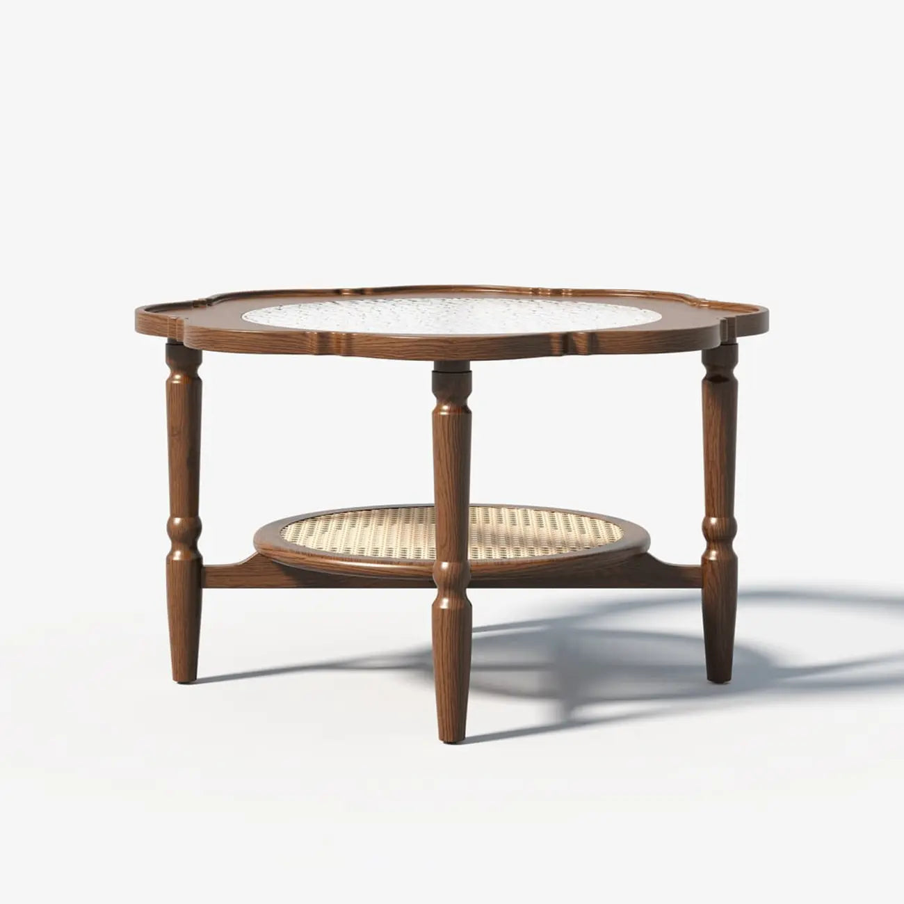 Classic 2-Layer Walnut Finish Wood Coffee Table in Glass Top