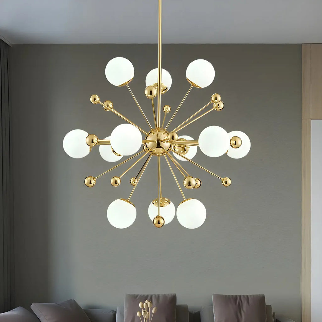 Modern 12-Light White Glass Gold Downrods Sputnik Chandelier