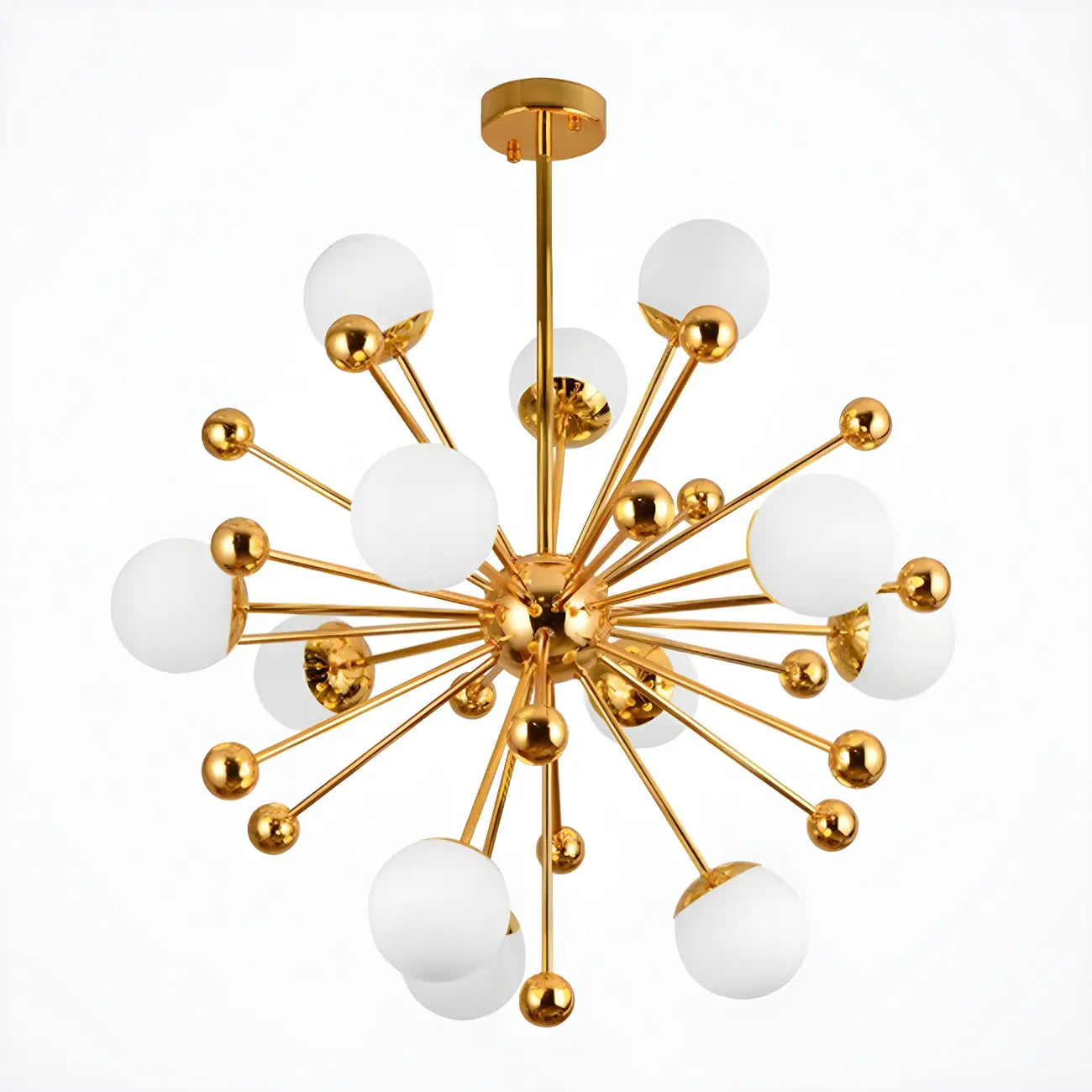 Modern 12-Light White Glass Gold Downrods Sputnik Chandelier