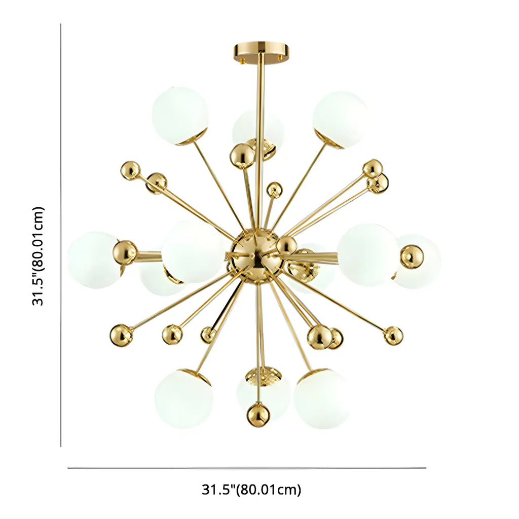 Modern 12-Light White Glass Gold Downrods Sputnik Chandelier