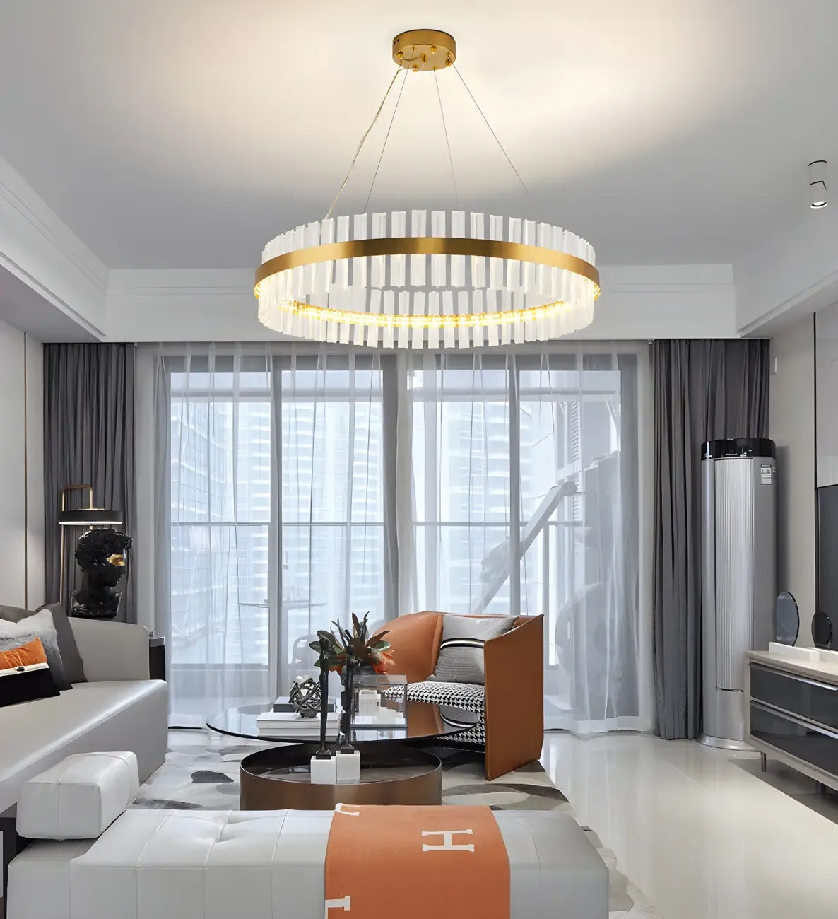 Modern Brass Round Crystal Island Chandelier