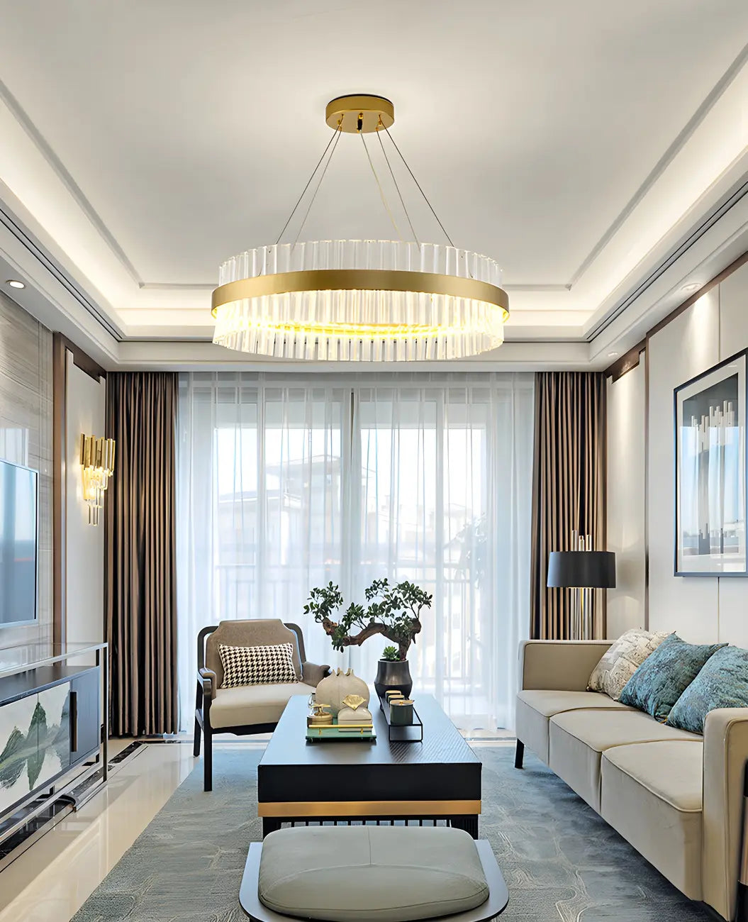 Modern Brass Round Crystal Island Chandelier