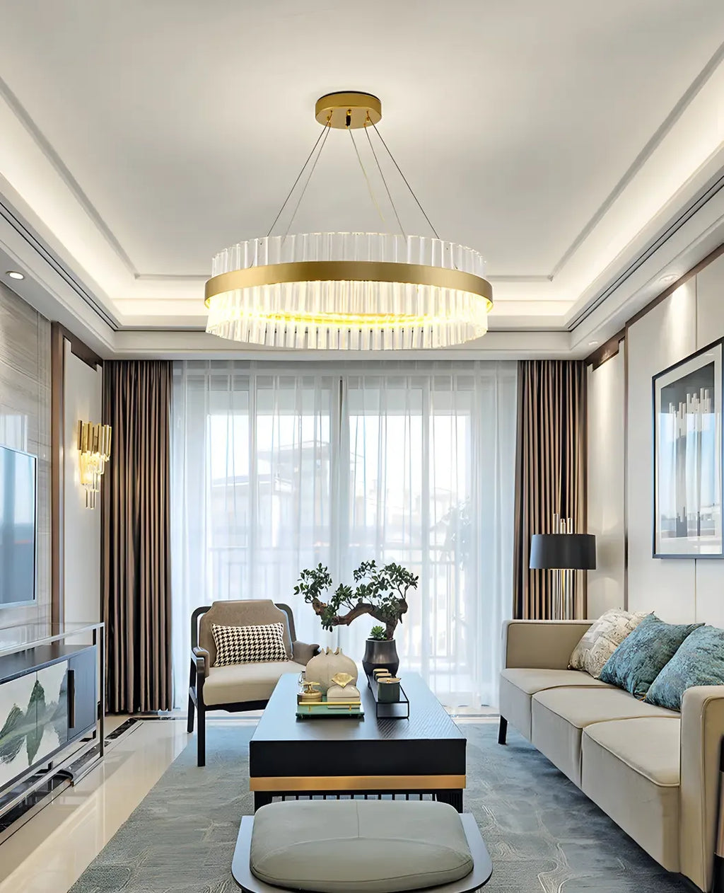 Modern Brass Round Crystal Island Chandelier