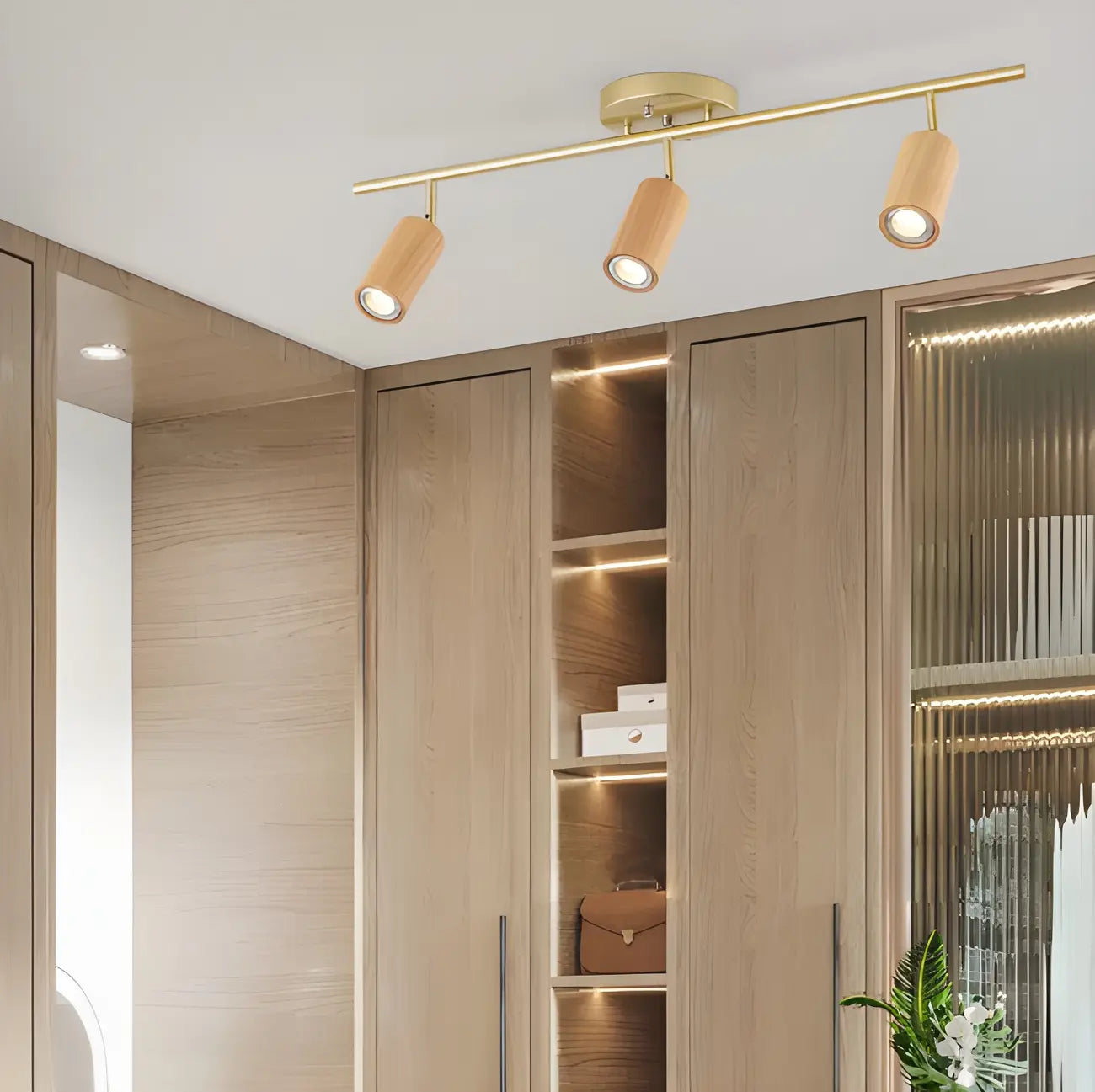 Modern Rubber Wood Brown Semi Flush Mount Track Light