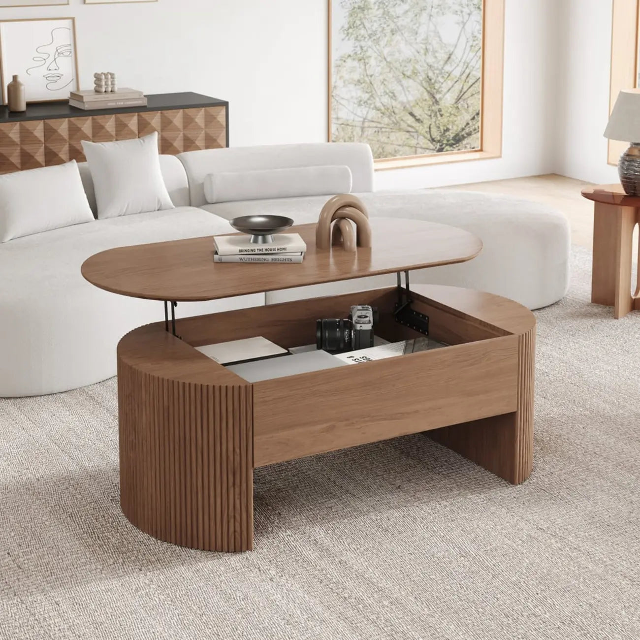 Mid-Century Modern Oval Wooden Lift-Top Coffee Table