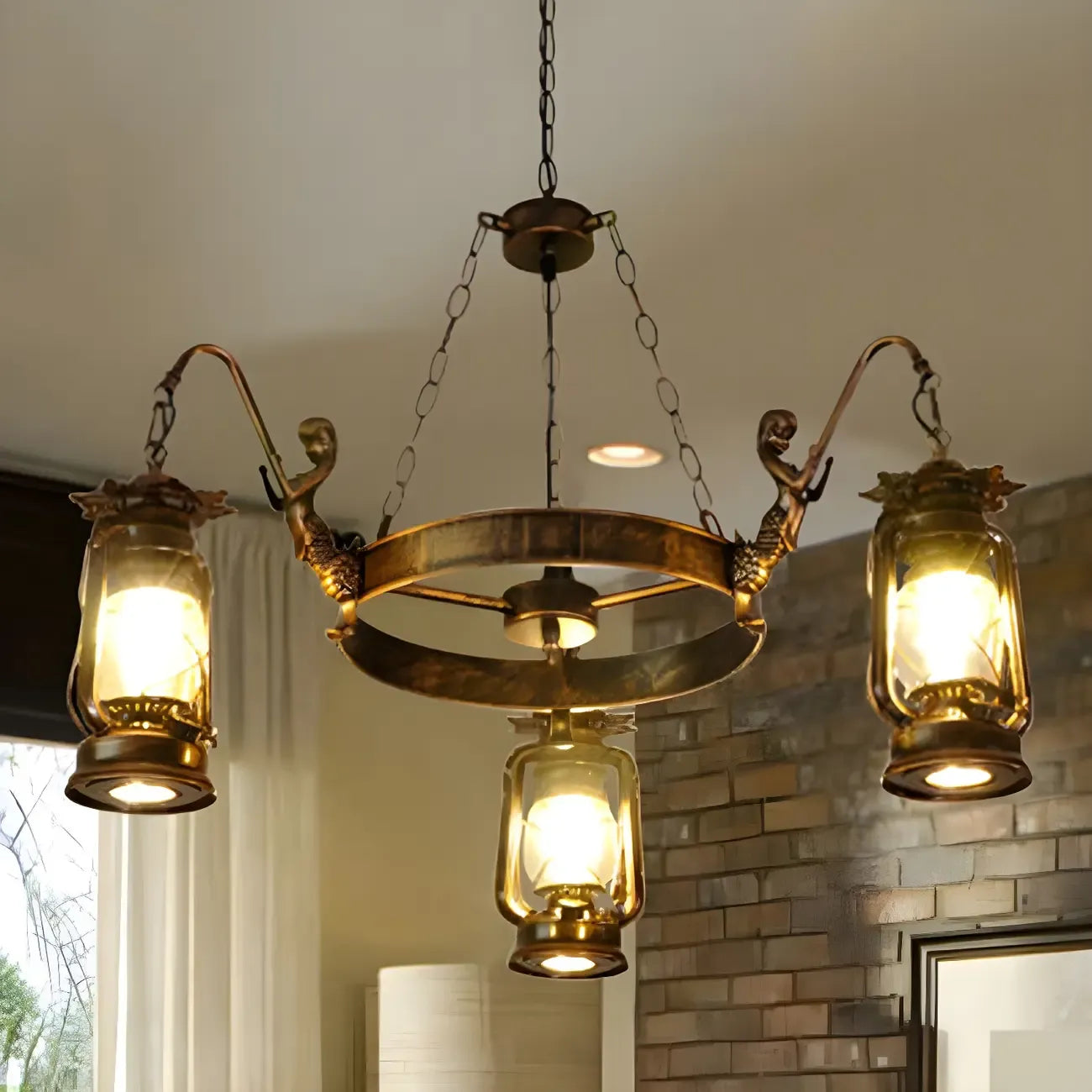 Vintage Adjustable Cast Iron Copper Kerosene Pendant Clear Glass Chandelier