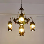 Vintage Adjustable Cast Iron Copper Kerosene Pendant Clear Glass Chandelier