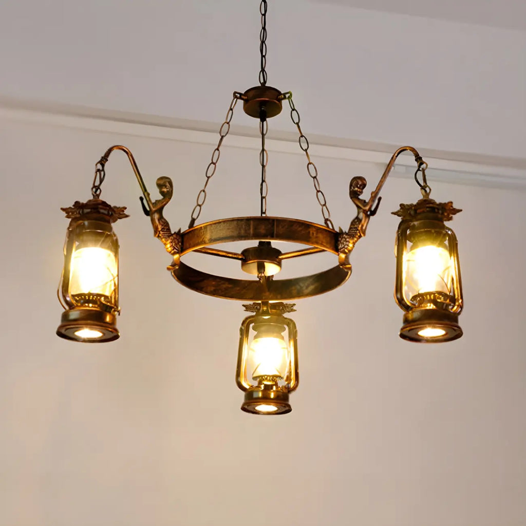 Vintage Adjustable Cast Iron Copper Kerosene Pendant Clear Glass Chandelier