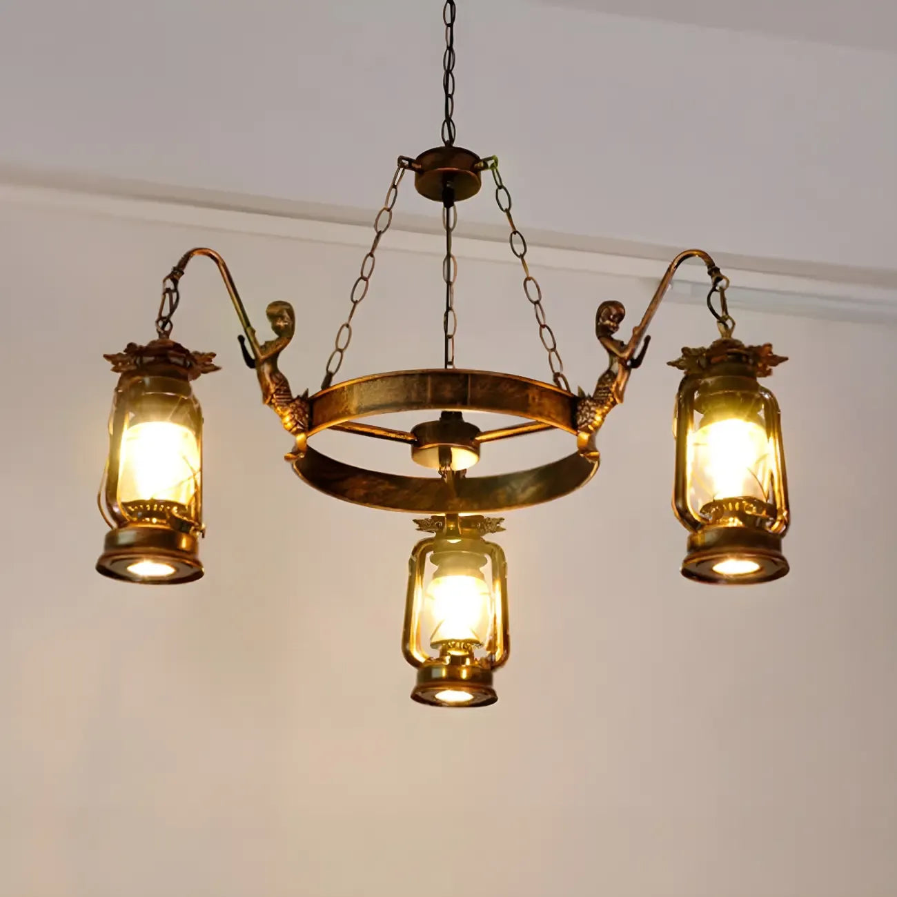 Vintage Adjustable Cast Iron Copper Kerosene Pendant Clear Glass Chandelier