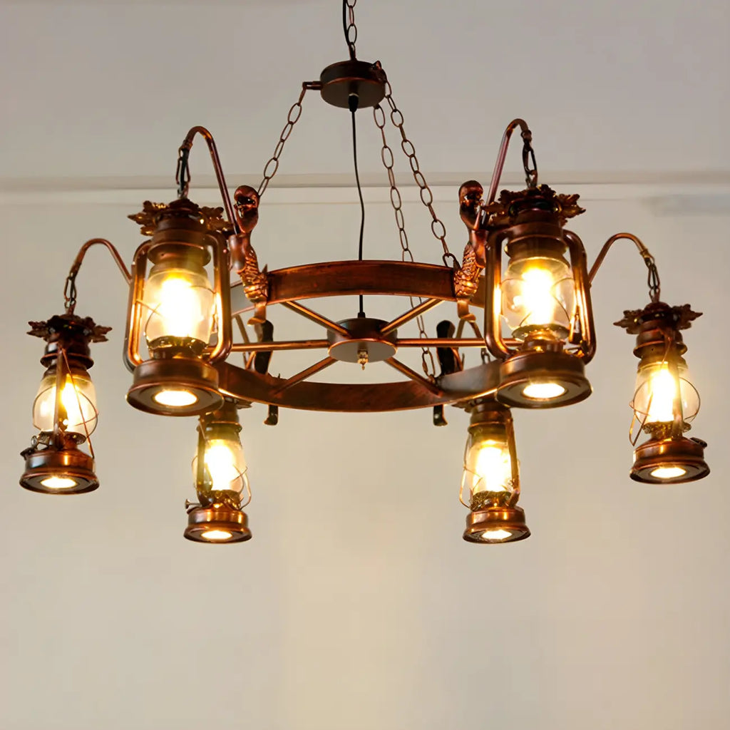 Vintage Adjustable Cast Iron Copper Kerosene Pendant Clear Glass Chandelier