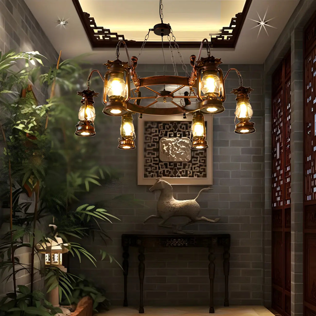 Vintage Adjustable Cast Iron Copper Kerosene Pendant Clear Glass Chandelier