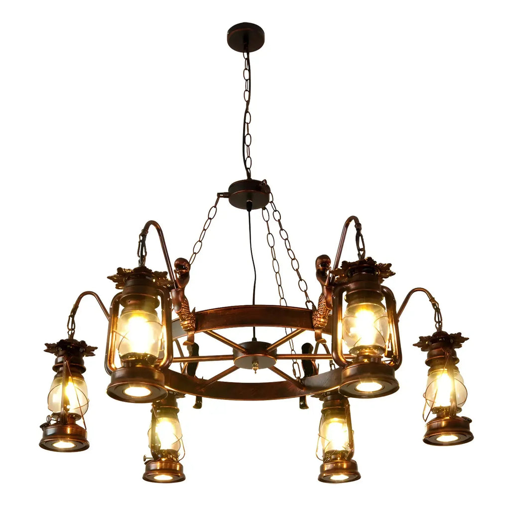 Vintage Adjustable Cast Iron Copper Kerosene Pendant Clear Glass Chandelier