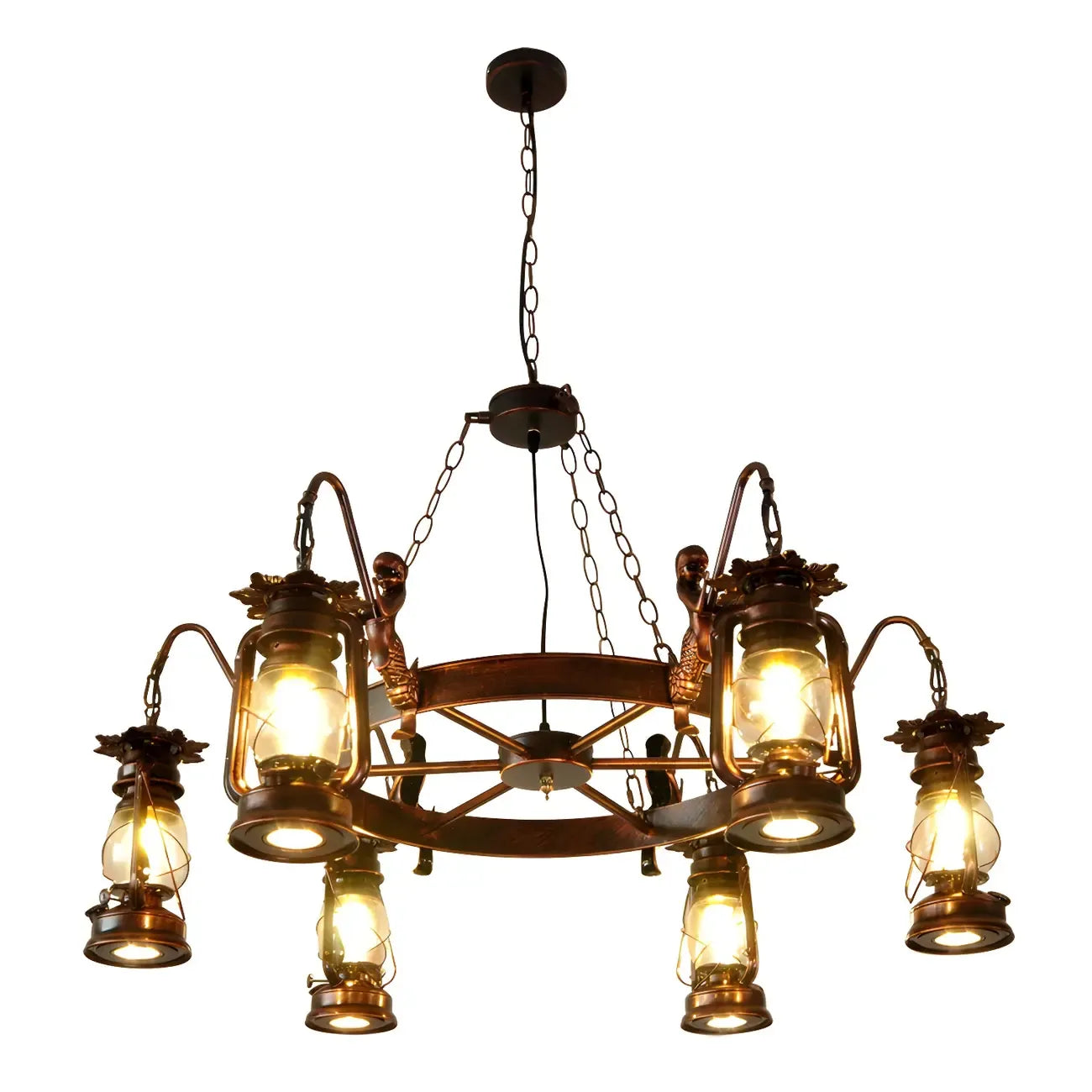 Vintage Adjustable Cast Iron Copper Kerosene Pendant Clear Glass Chandelier