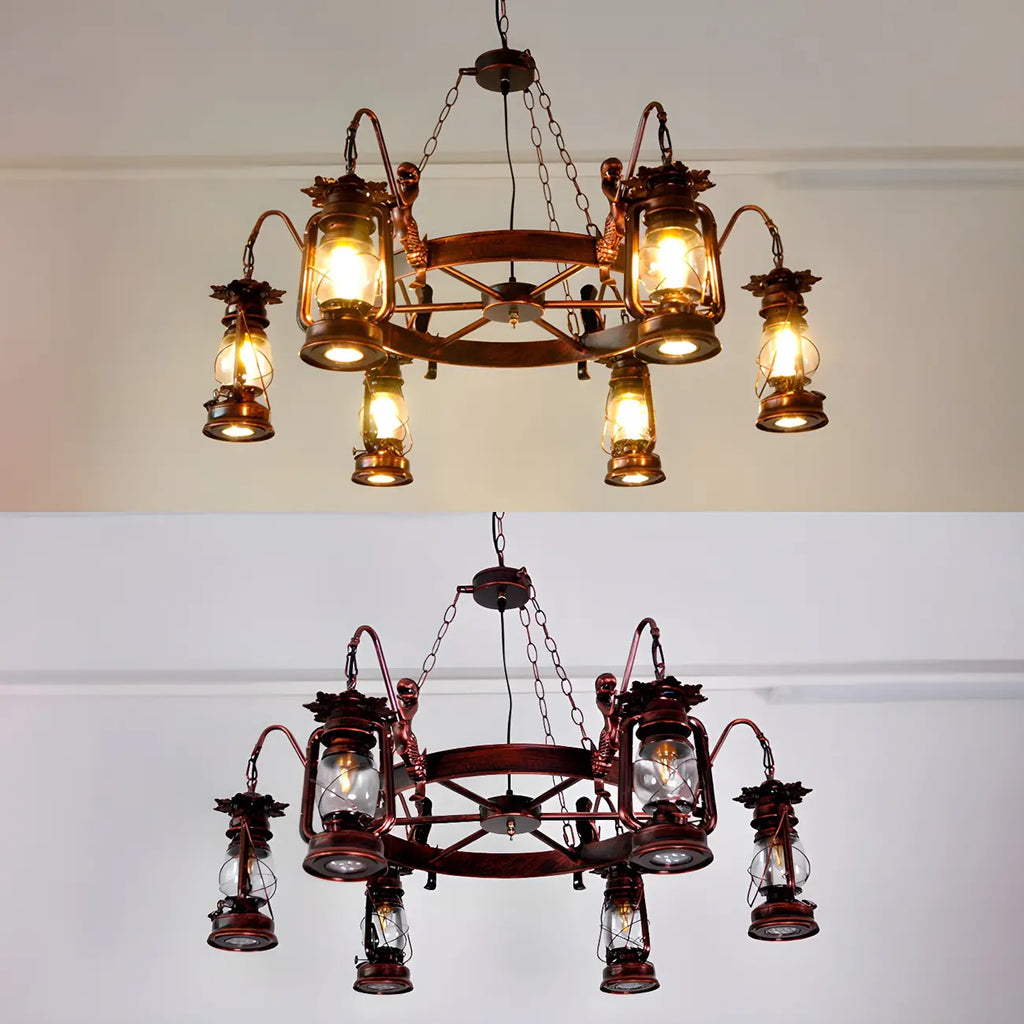 Vintage Adjustable Cast Iron Copper Kerosene Pendant Clear Glass Chandelier