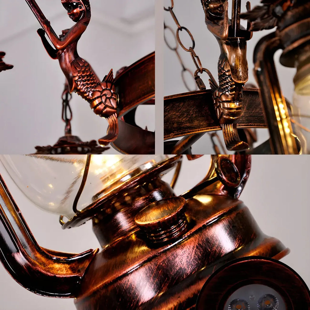 Vintage Adjustable Cast Iron Copper Kerosene Pendant Clear Glass Chandelier