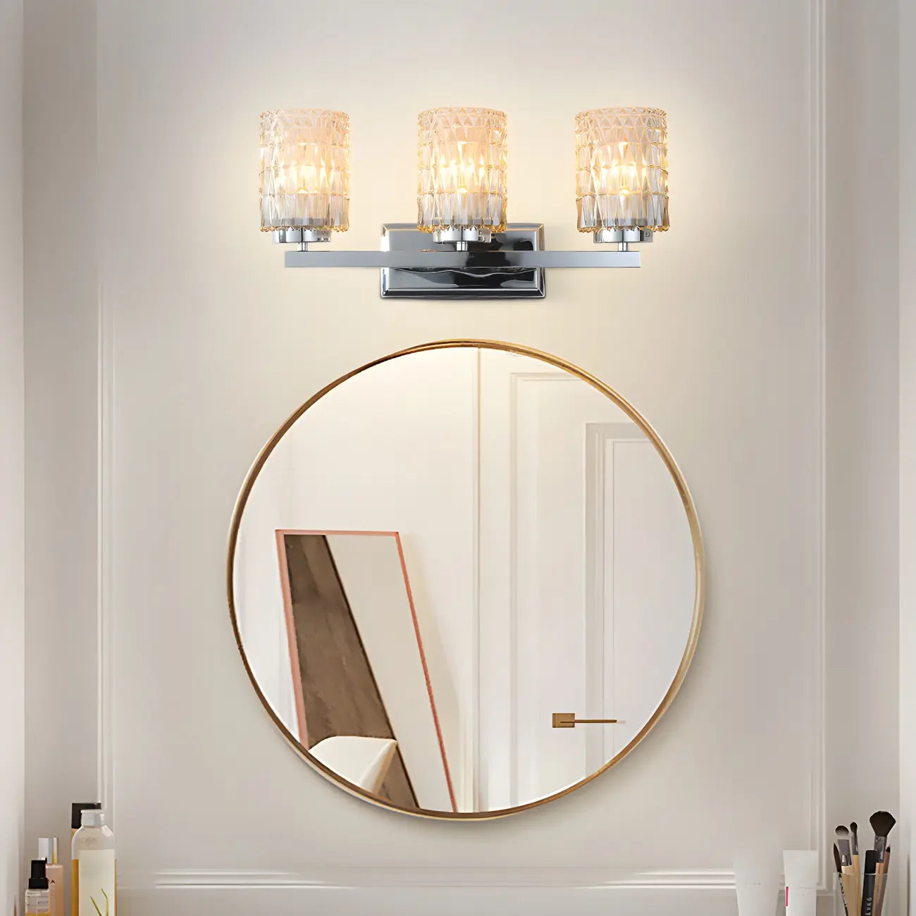 3-Light Chrome LED Vanity Light Prismatic Glass for Bathroom