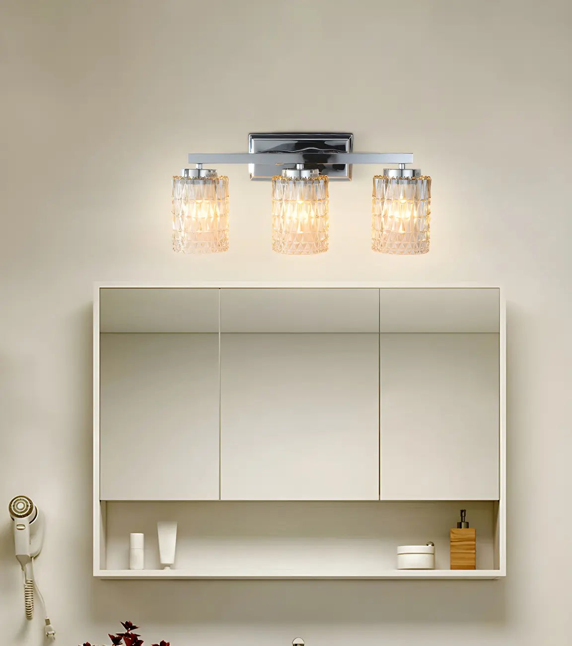 3-Light Chrome LED Vanity Light Prismatic Glass for Bathroom