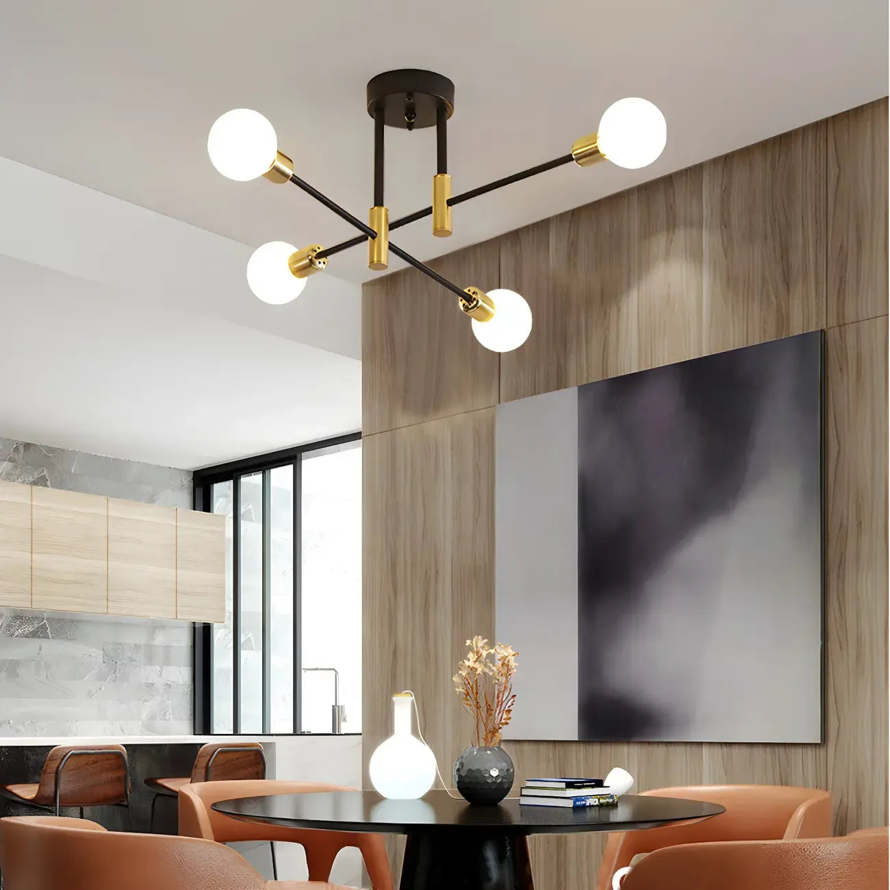 Modern Industrial Black Gold Sputnik Semi Flush Ceiling Light