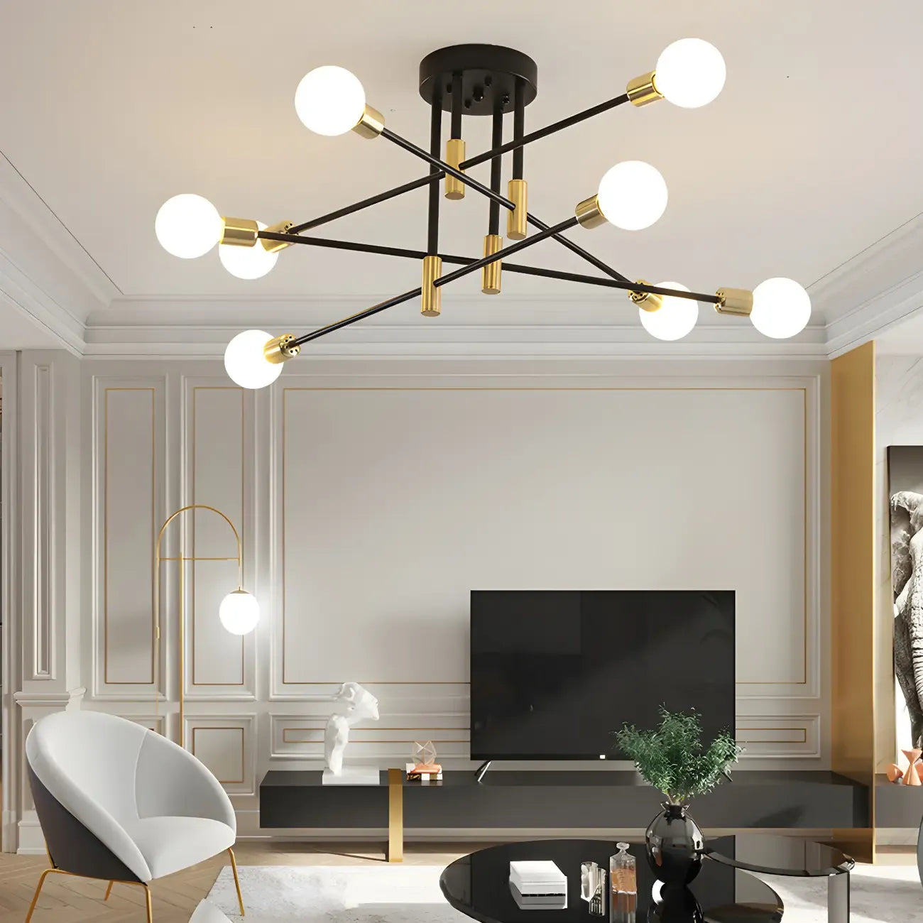 Modern Industrial Black Gold Sputnik Semi Flush Ceiling Light