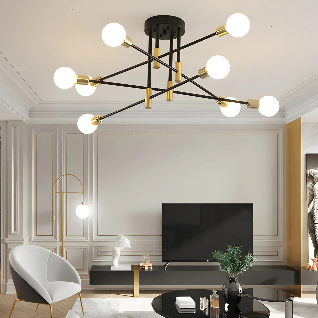 Modern Industrial Black Gold Sputnik Semi Flush Ceiling Light