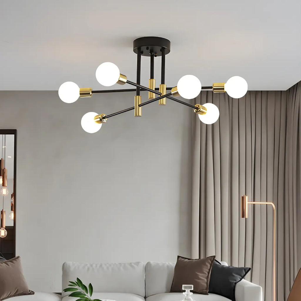 Modern Industrial Black Gold Sputnik Semi Flush Ceiling Light