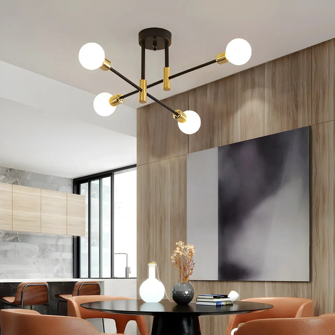 Modern Industrial Black Gold Sputnik Semi Flush Ceiling Light