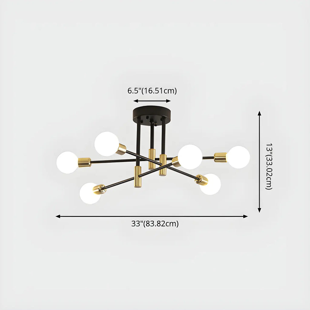 Modern Industrial Black Gold Sputnik Semi Flush Ceiling Light