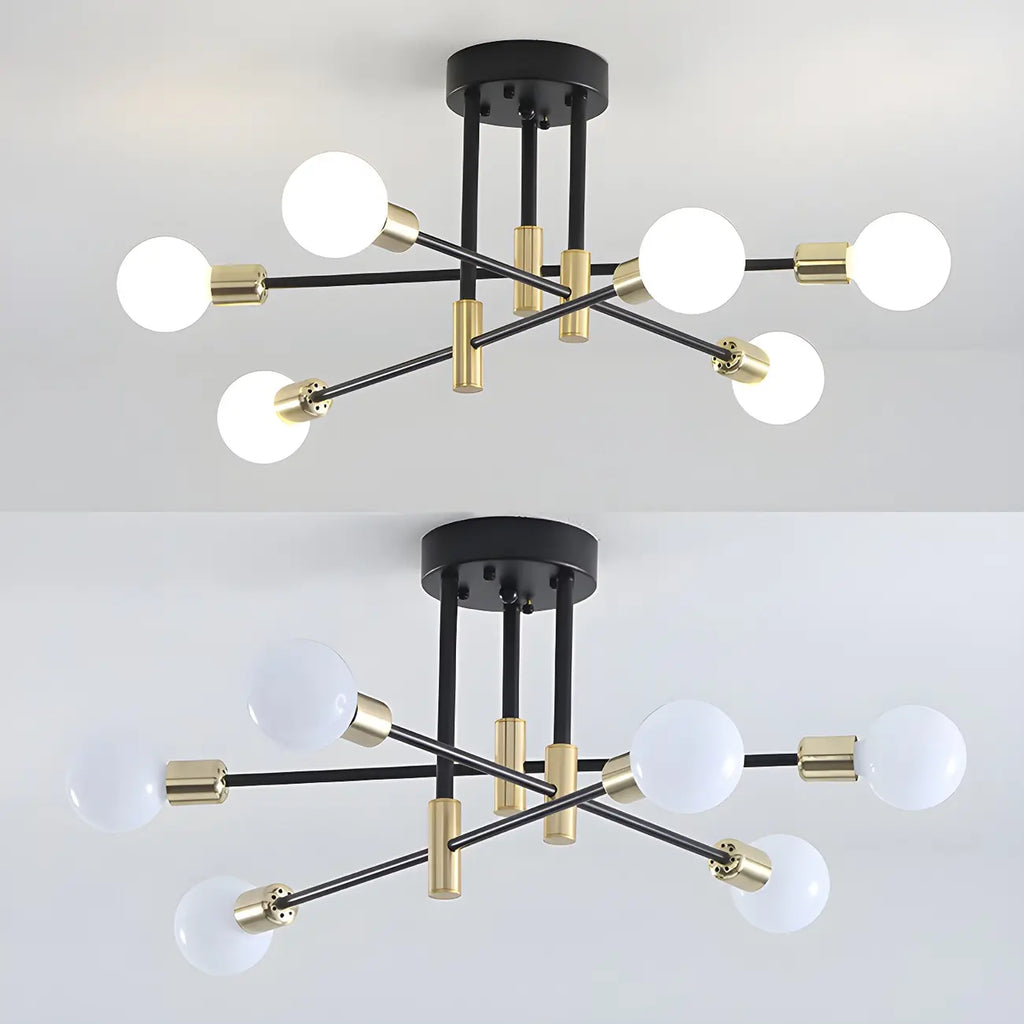 Modern Industrial Black Gold Sputnik Semi Flush Ceiling Light
