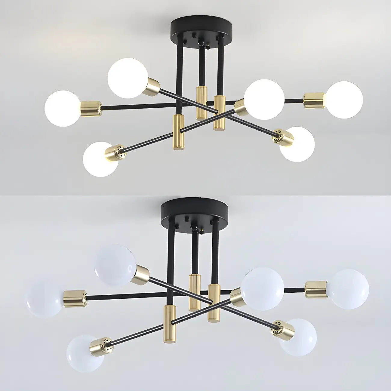 Modern Industrial Black Gold Sputnik Semi Flush Ceiling Light