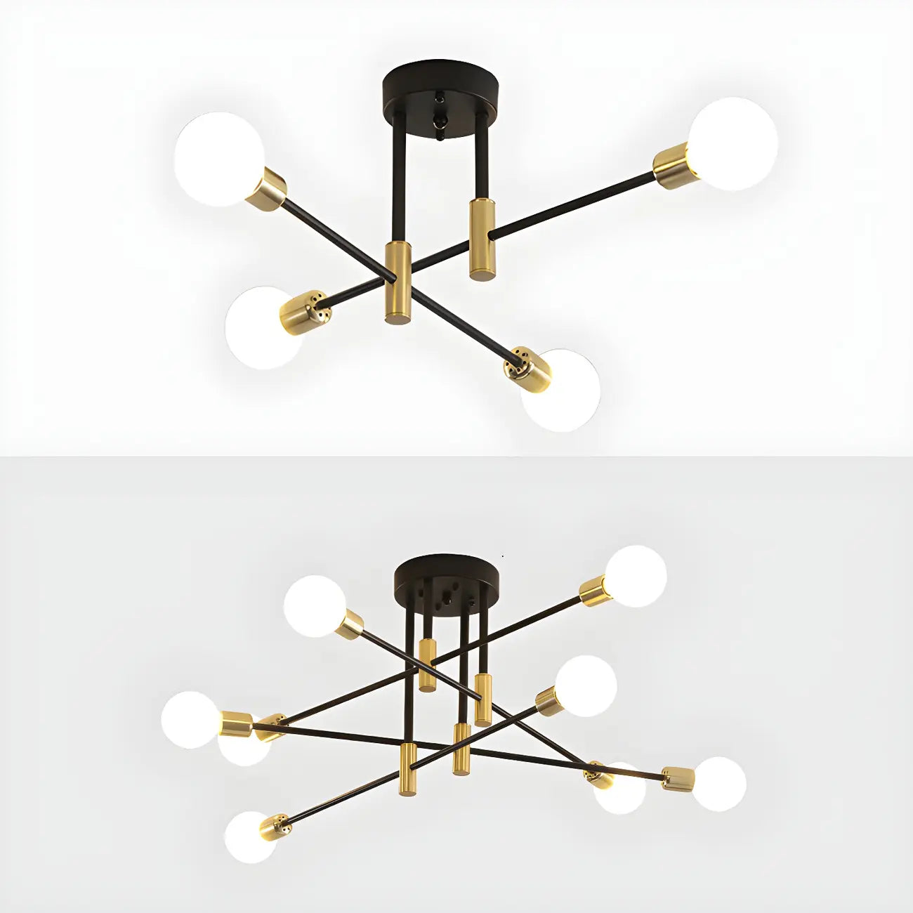 Modern Industrial Black Gold Sputnik Semi Flush Ceiling Light