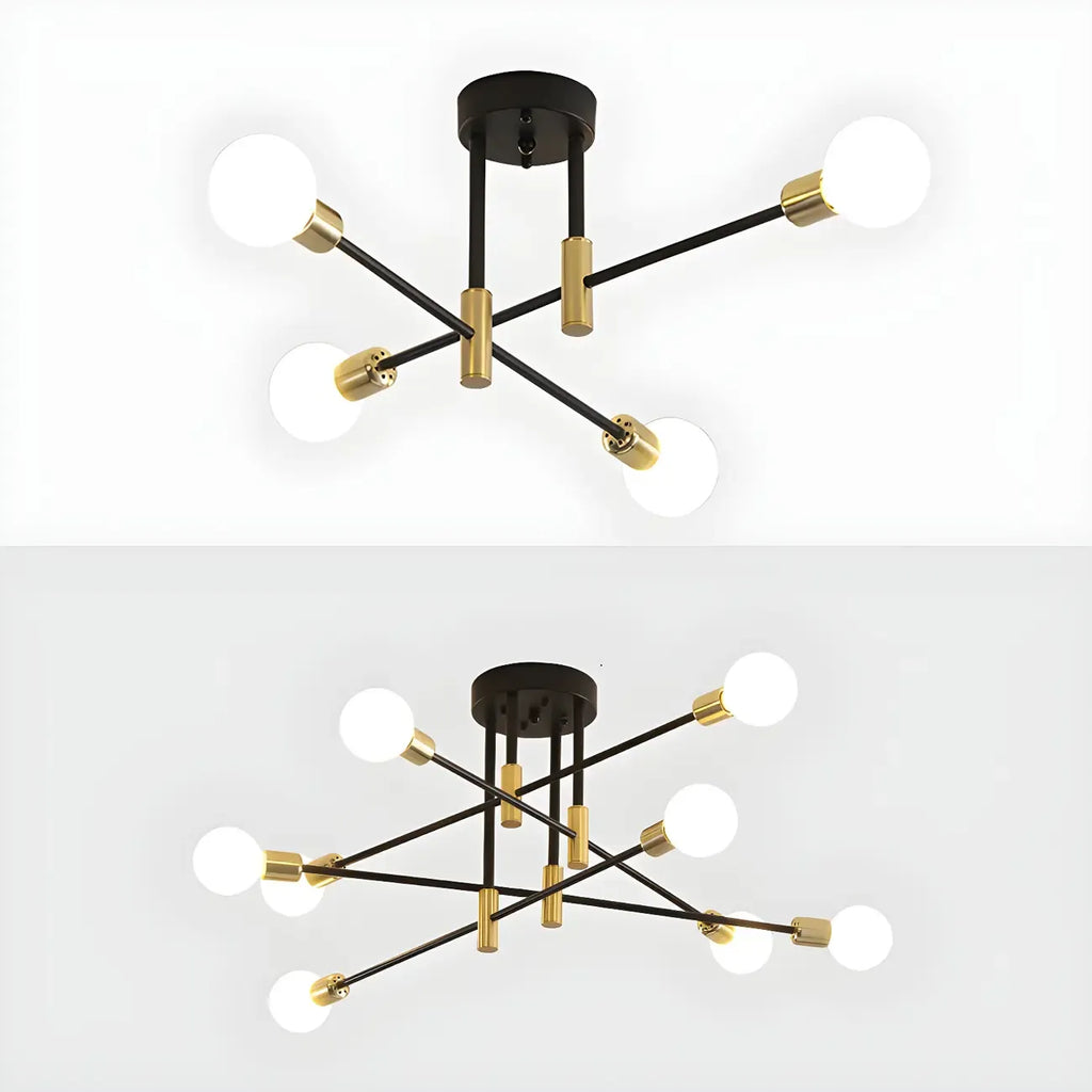Modern Industrial Black Gold Sputnik Semi Flush Ceiling Light