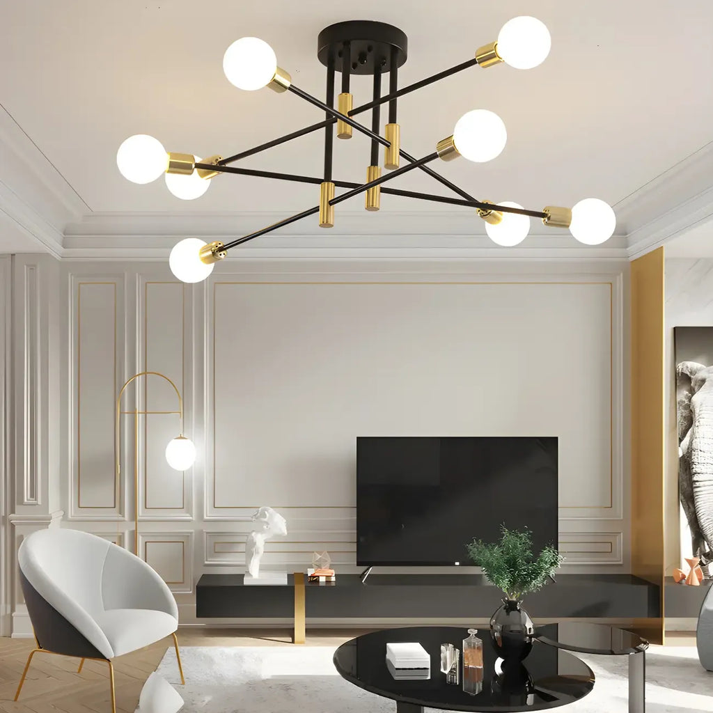 Modern Industrial Black Gold Sputnik Semi Flush Ceiling Light