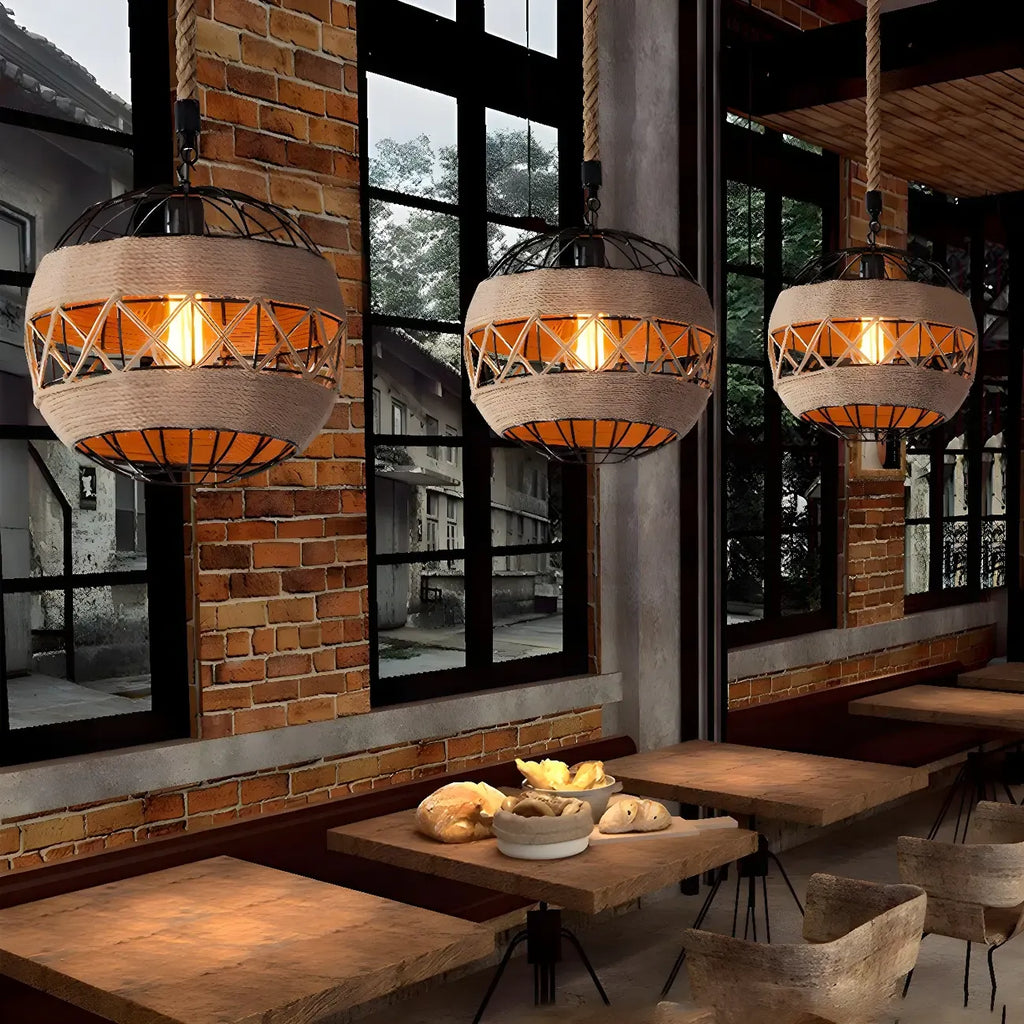 Industrial Rattan Black Metal Hemp Rope Pendant Light