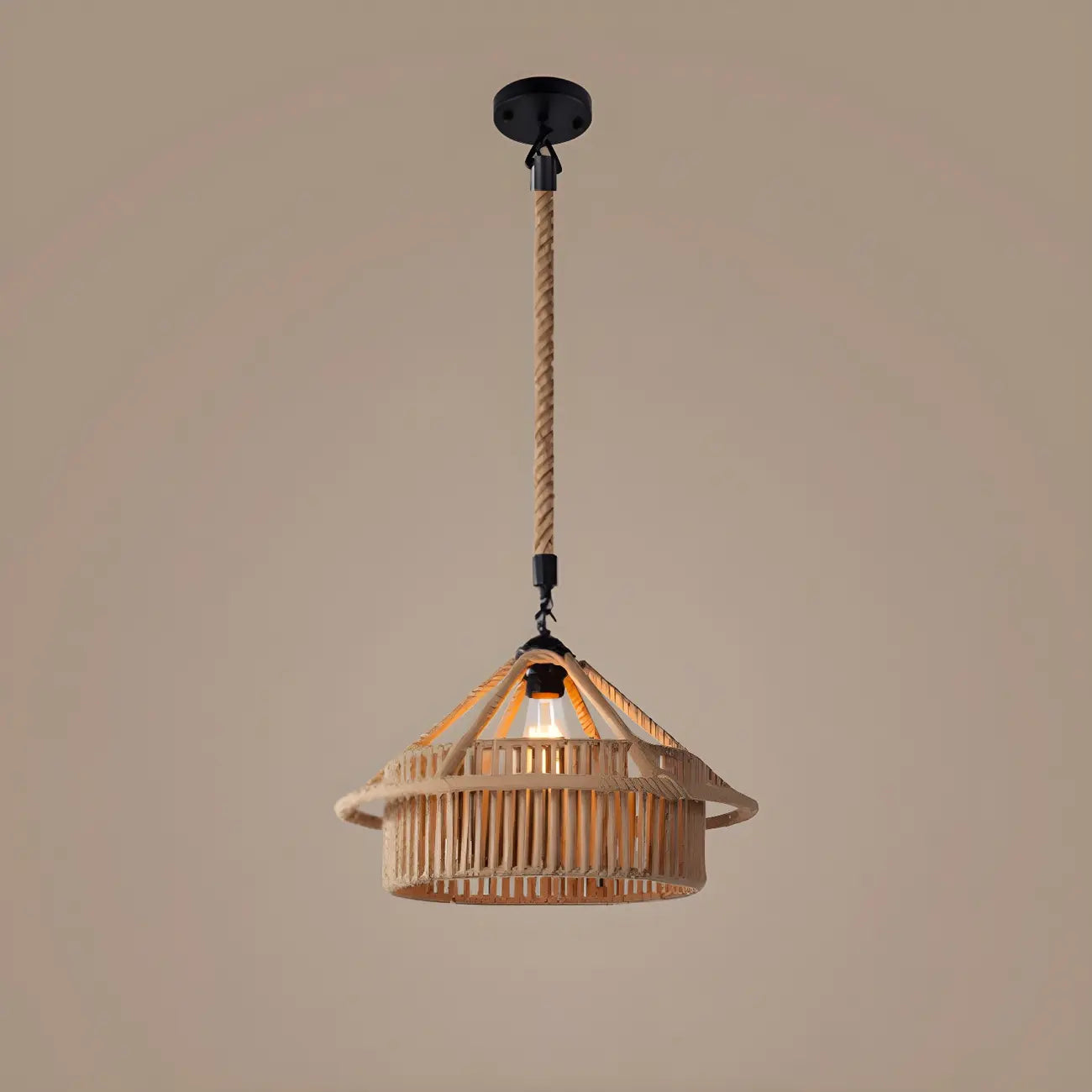 Industrial Rattan Black Metal Hemp Rope Pendant Light