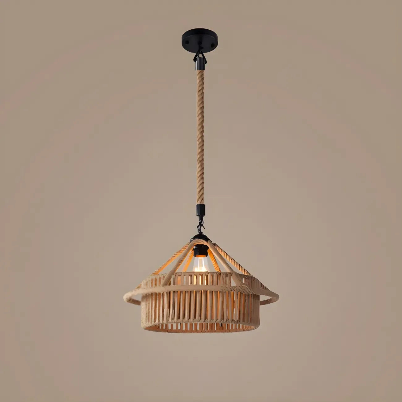Industrial Rattan Black Metal Hemp Rope Pendant Light
