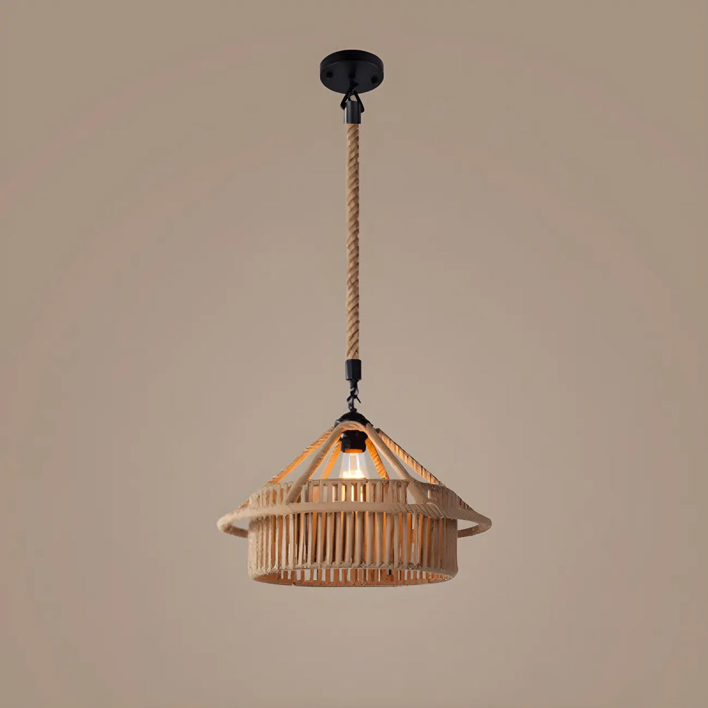 Industrial Rattan Black Metal Hemp Rope Pendant Light