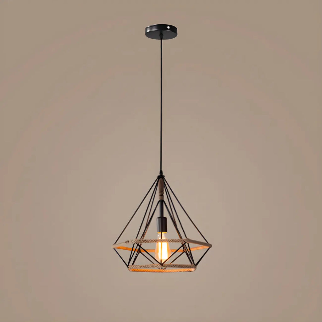 Industrial Rattan Black Metal Hemp Rope Pendant Light