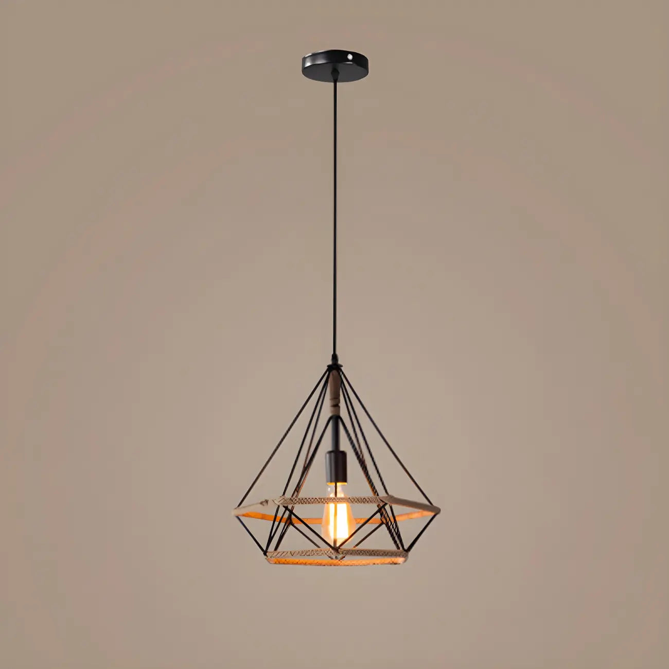 Industrial Rattan Black Metal Hemp Rope Pendant Light
