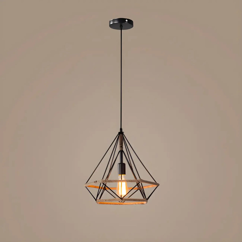 Industrial Rattan Black Metal Hemp Rope Pendant Light