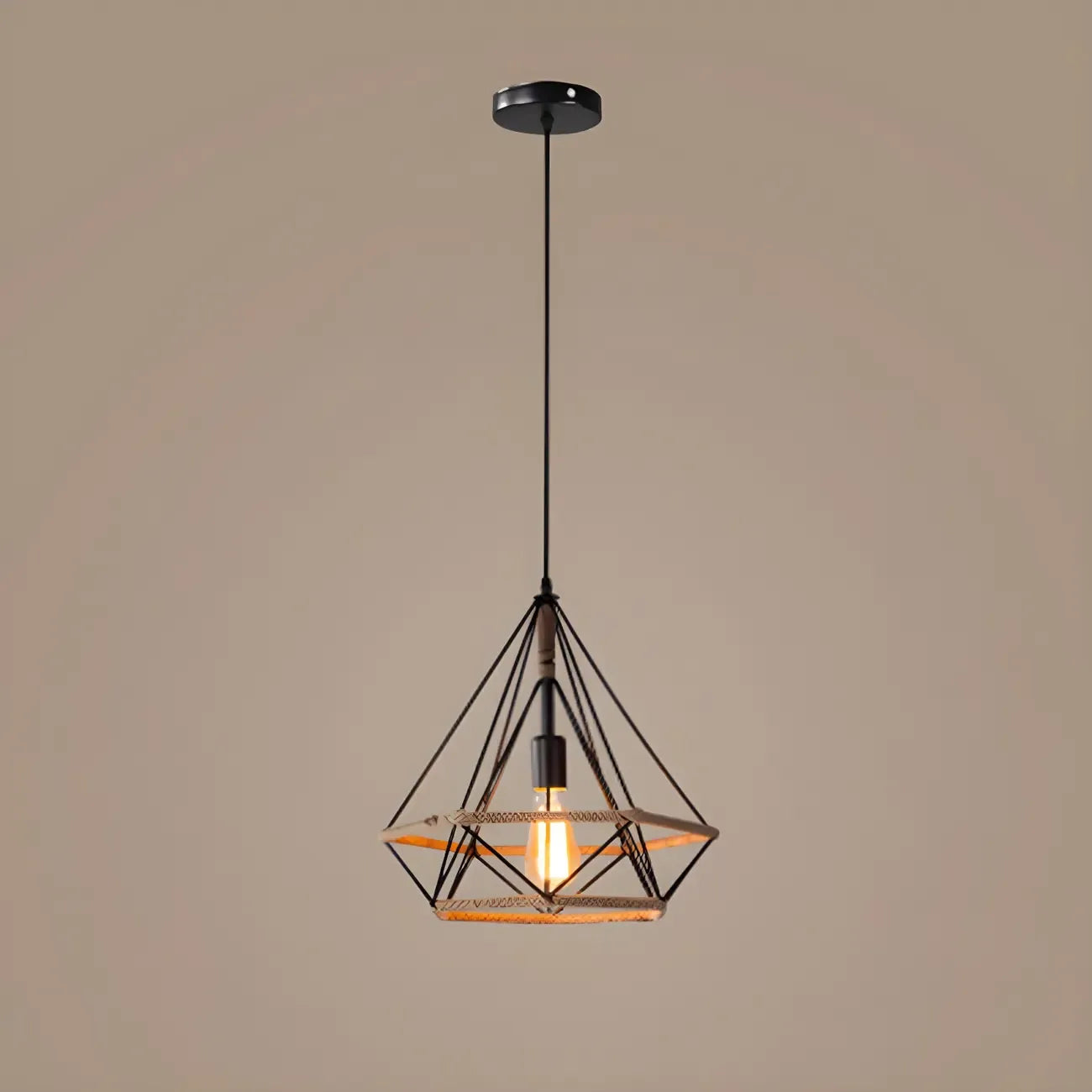 Industrial Rattan Black Metal Hemp Rope Pendant Light