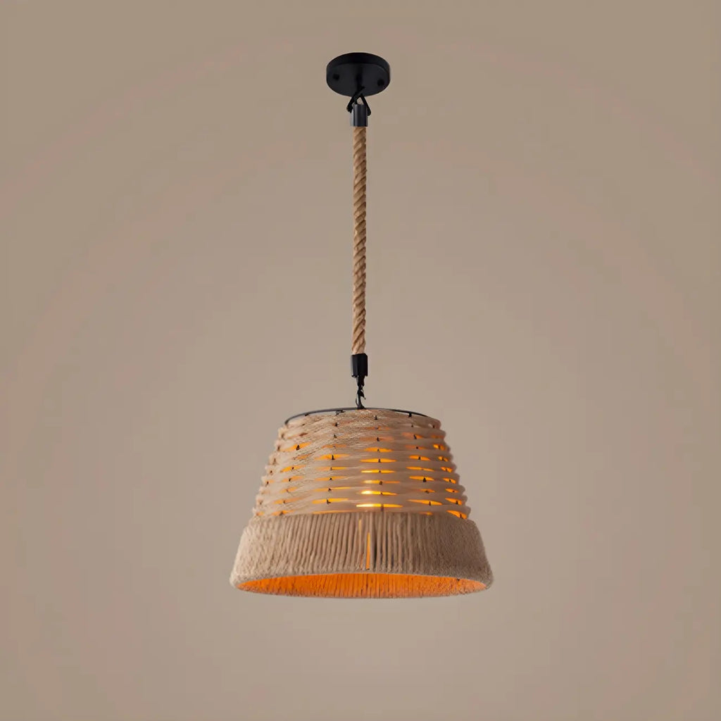 Industrial Rattan Black Metal Hemp Rope Pendant Light