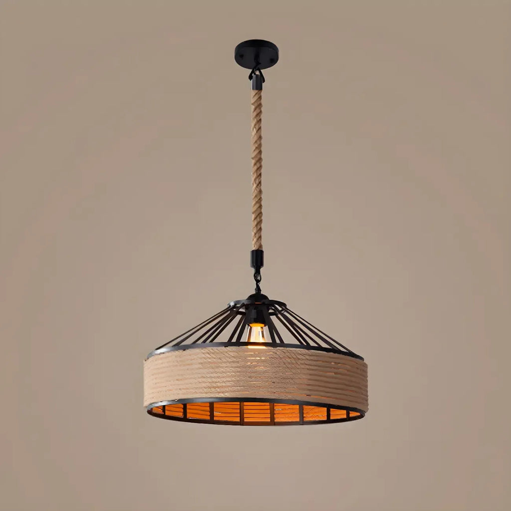 Industrial Rattan Black Metal Hemp Rope Pendant Light