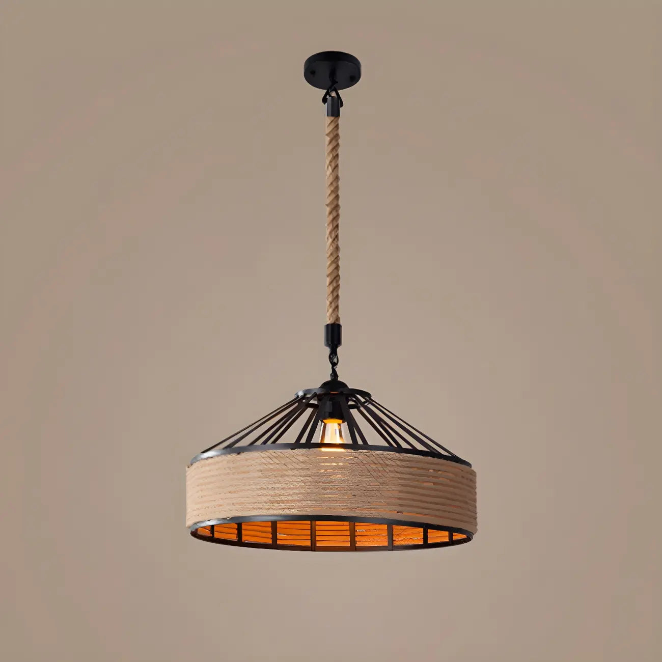 Industrial Rattan Black Metal Hemp Rope Pendant Light