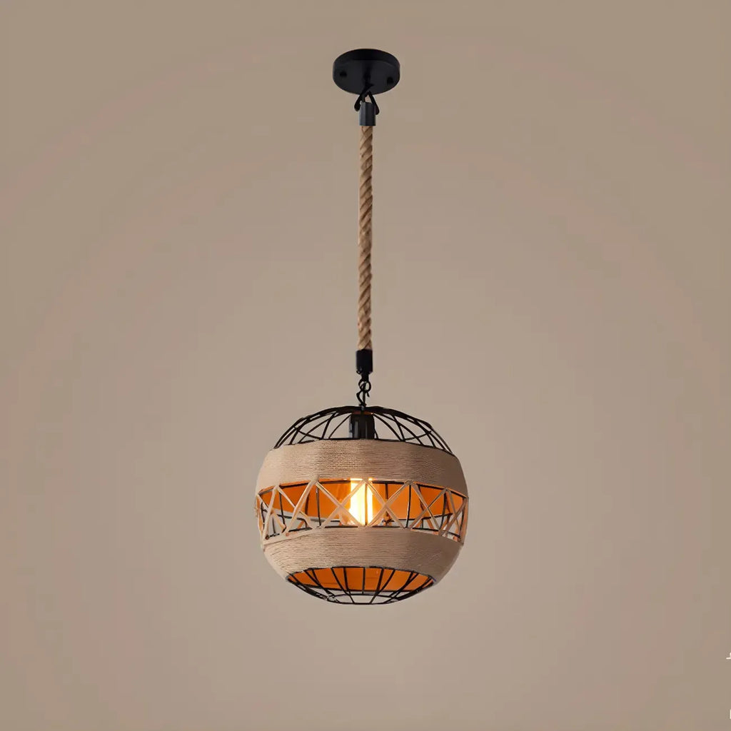 Industrial Rattan Black Metal Hemp Rope Pendant Light