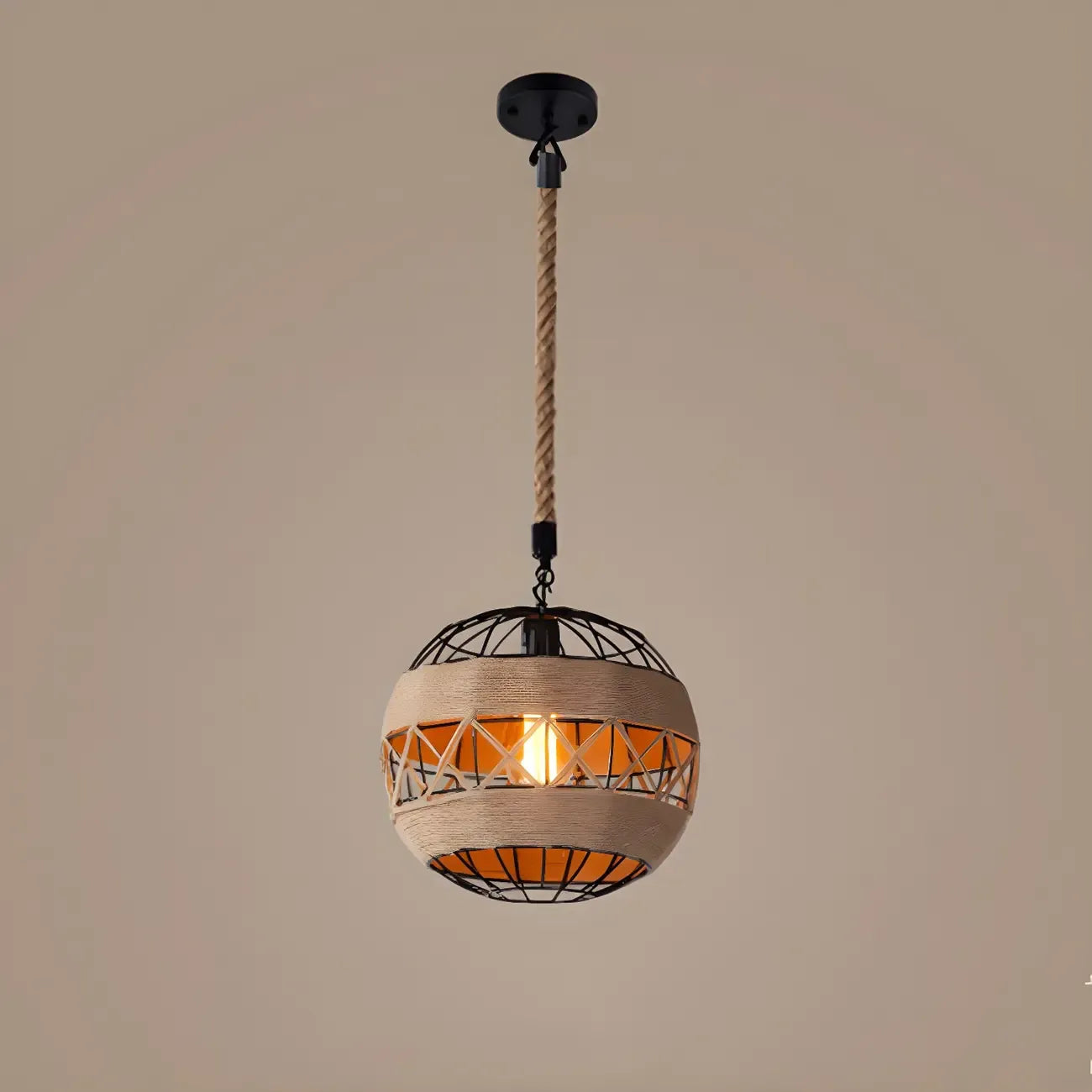 Industrial Rattan Black Metal Hemp Rope Pendant Light