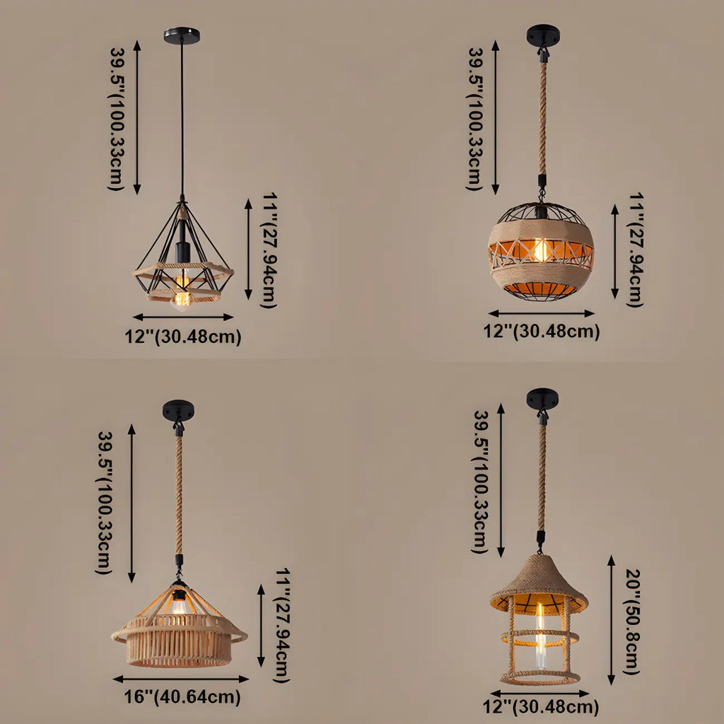 Industrial Rattan Black Metal Hemp Rope Pendant Light