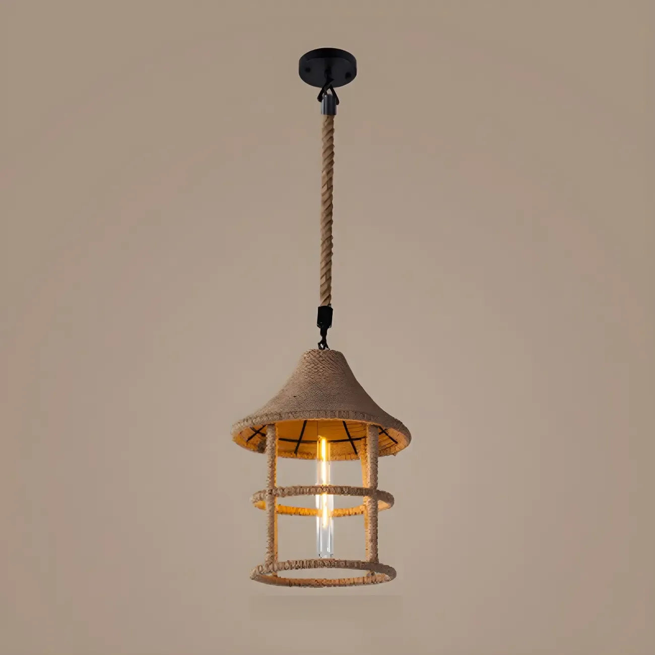 Industrial Rattan Black Metal Hemp Rope Pendant Light