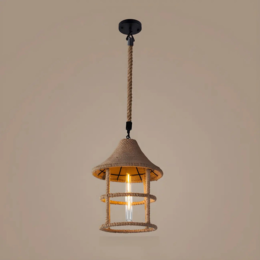 Industrial Rattan Black Metal Hemp Rope Pendant Light